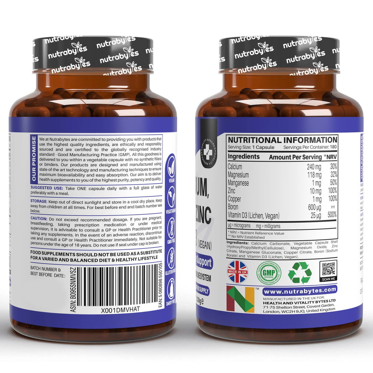 Wholesale Magnesium, Calcium, Zinc, Vitamin D3 (Vegan D3) 180 Capsules