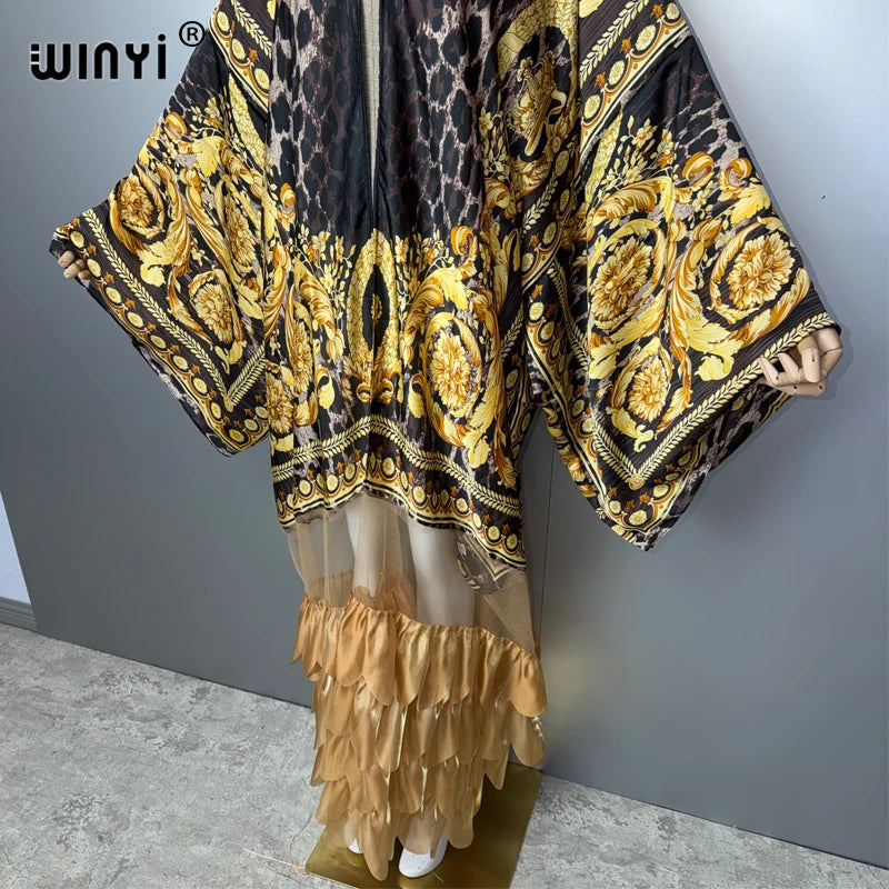 WINYI Women's Long Sleeve Kimono Cardigan Muslim Abaya Dubai Luxury Beachwear Cover up Boho Kaftan Holiday Printed Dress