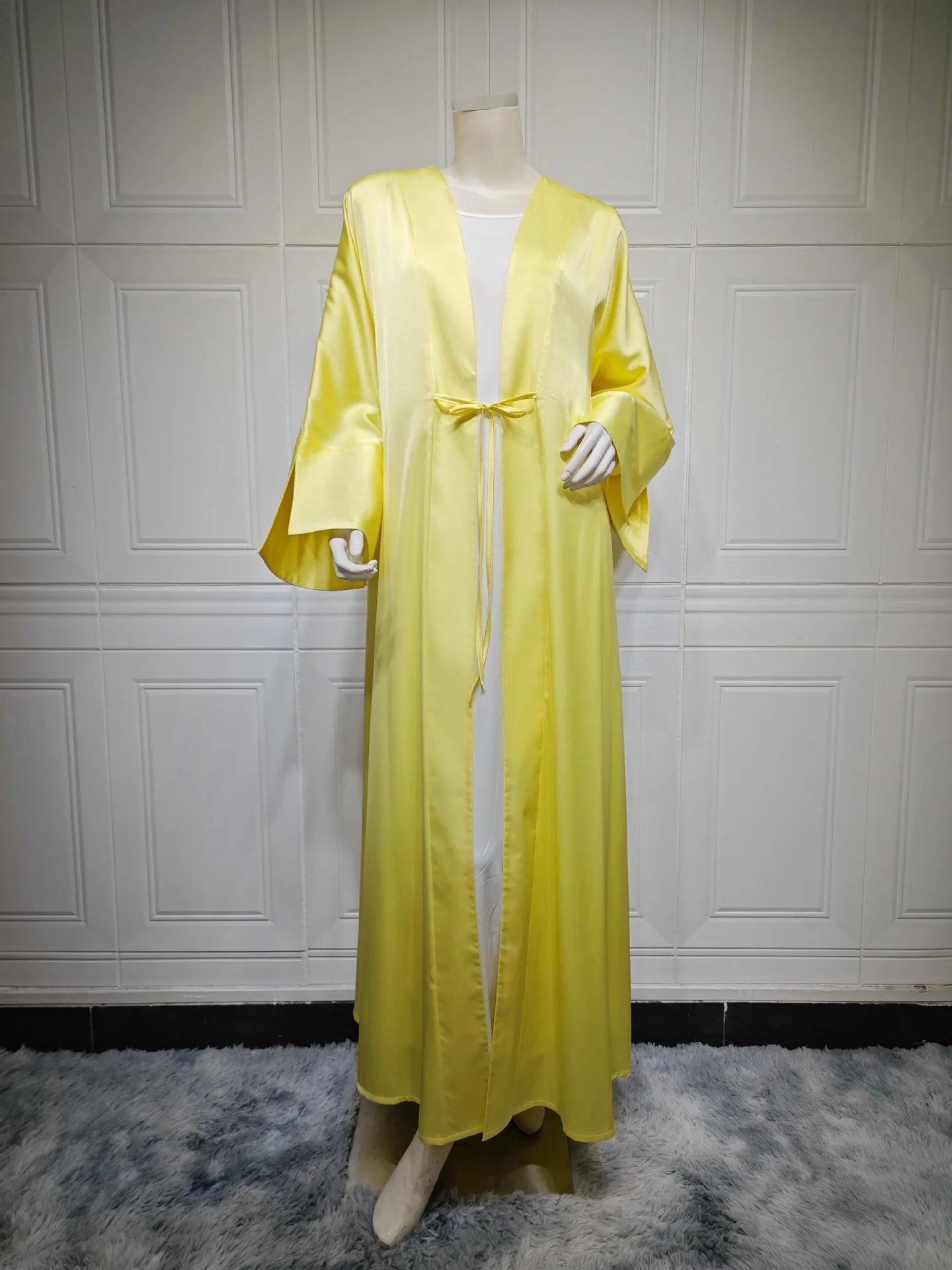 Middle Eastern Muslim Robe Fashion Satin Soft Dress Open Front Outerwear Abaya Solid Color