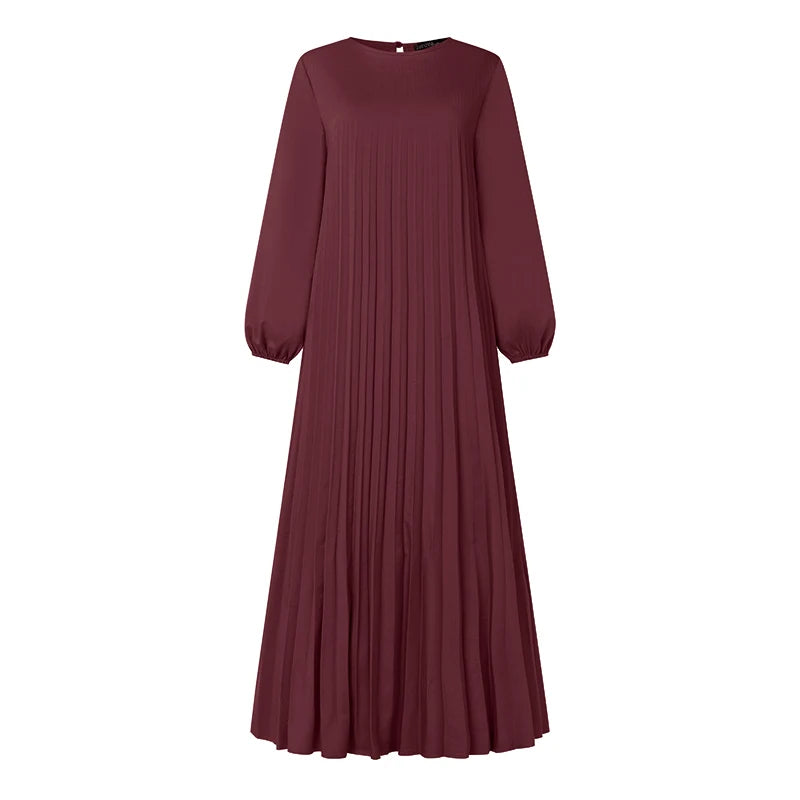 Ramadan Muslim Dress Abaya ZANZEA Casual Kaftan Women Long Sleeve Pleated Sundress Hijab Robe Femme IsIamic Clothing Eid Mubarek