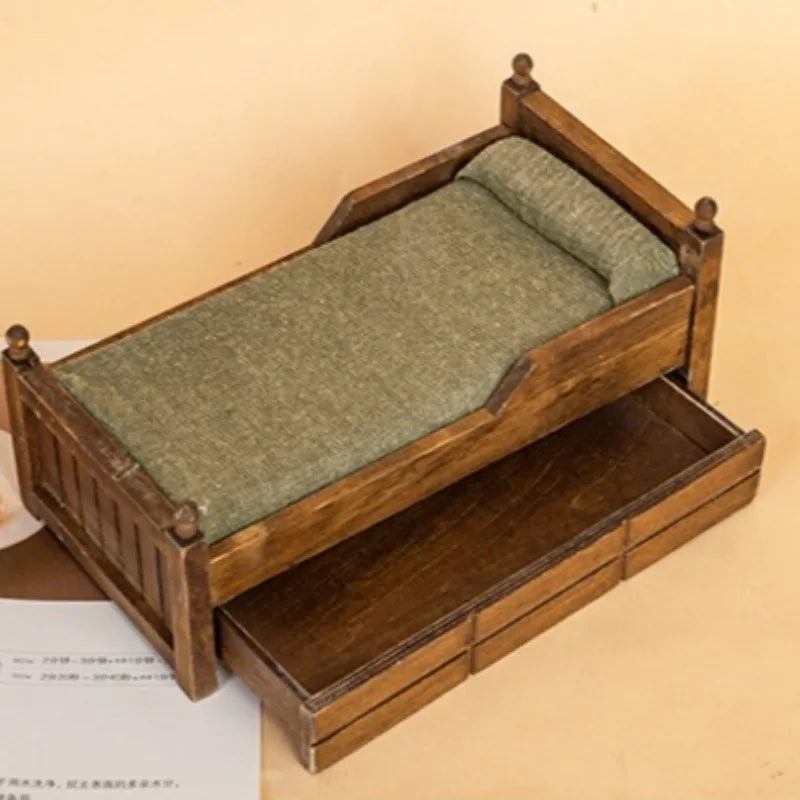 1:12 Dollhouse Wooden Drawer Single Bed Miniature Mini Furniture Modern Log Colour Bedroom Scene Decoration Home Decor Figurines
