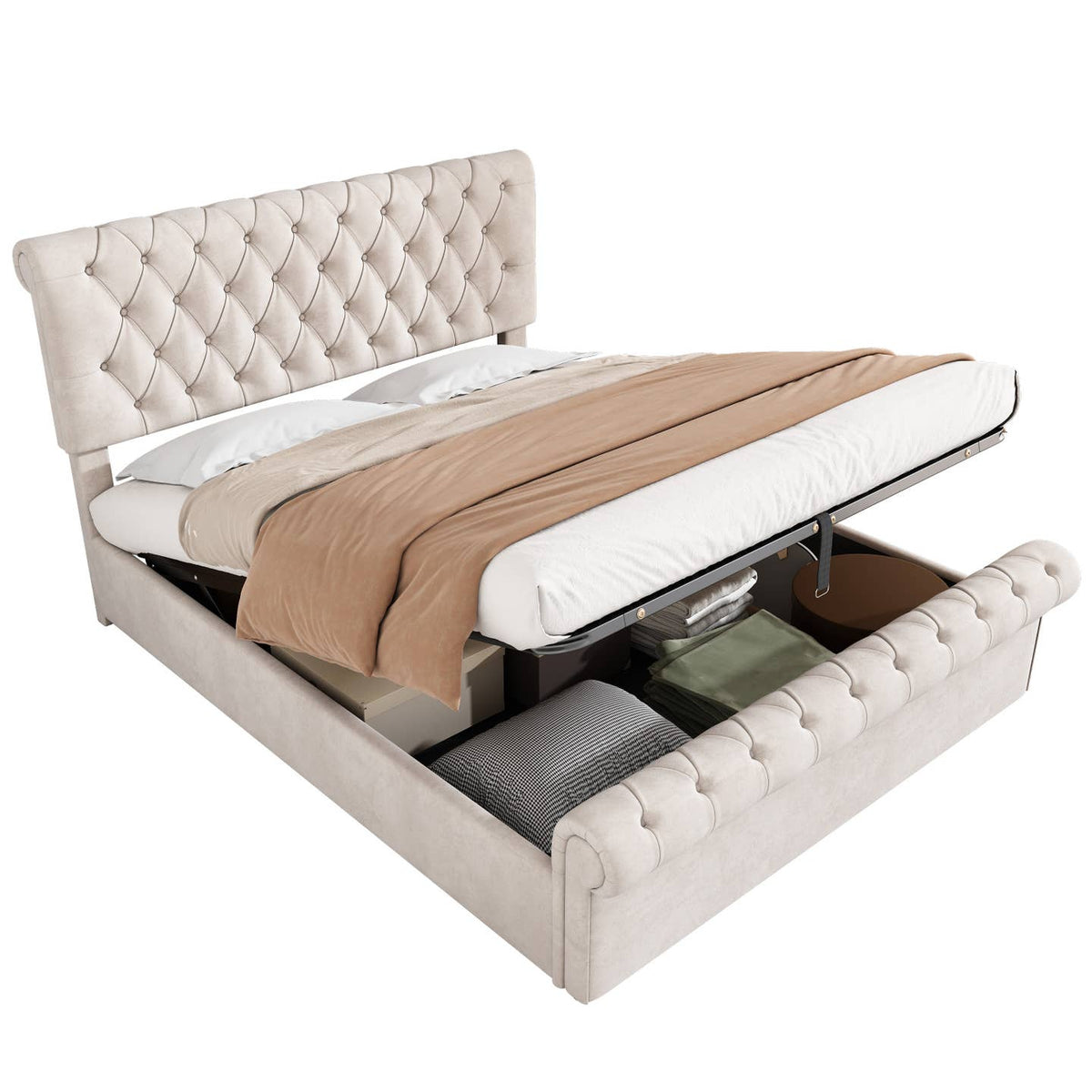 Wholesale Luxury Velvet King Size Bed Frame with Underbed Storage