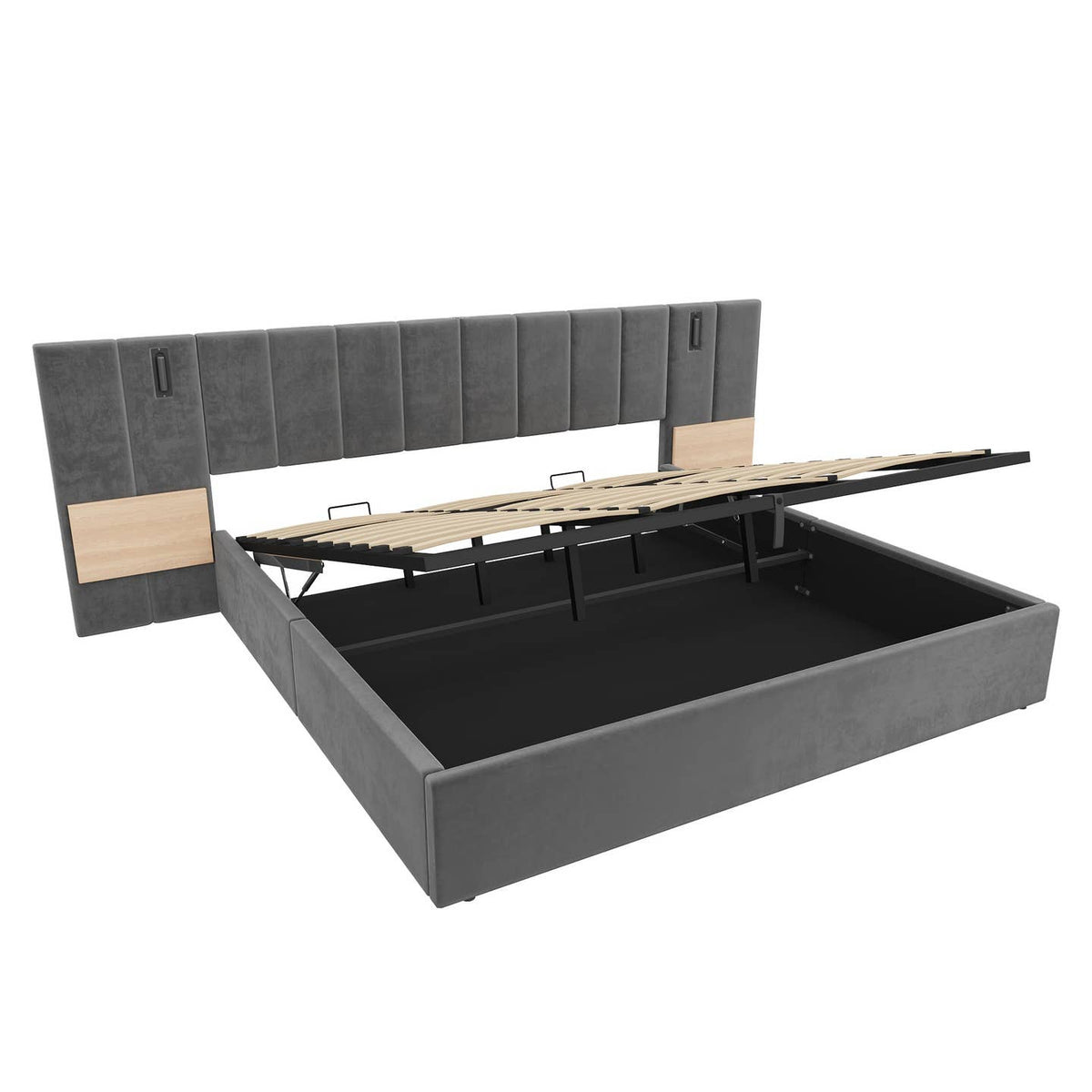 Wholesale Super king grey velvet-upholstered end-opening ottoman bed frame with side tables, lamps and charging station, 180×200 cm LATTICERO