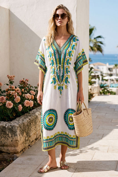 Tribal Print Oversized Drawstring Kaftan