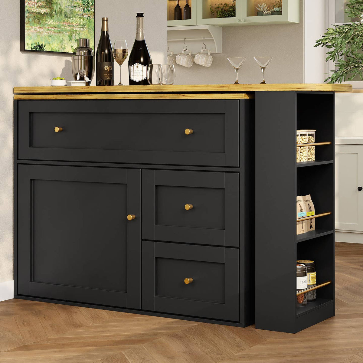 Wholesale Extendable bar table black with storage kitchen cabinet with snack shelf (138-204×39×105cm) MANGROVEPROP
