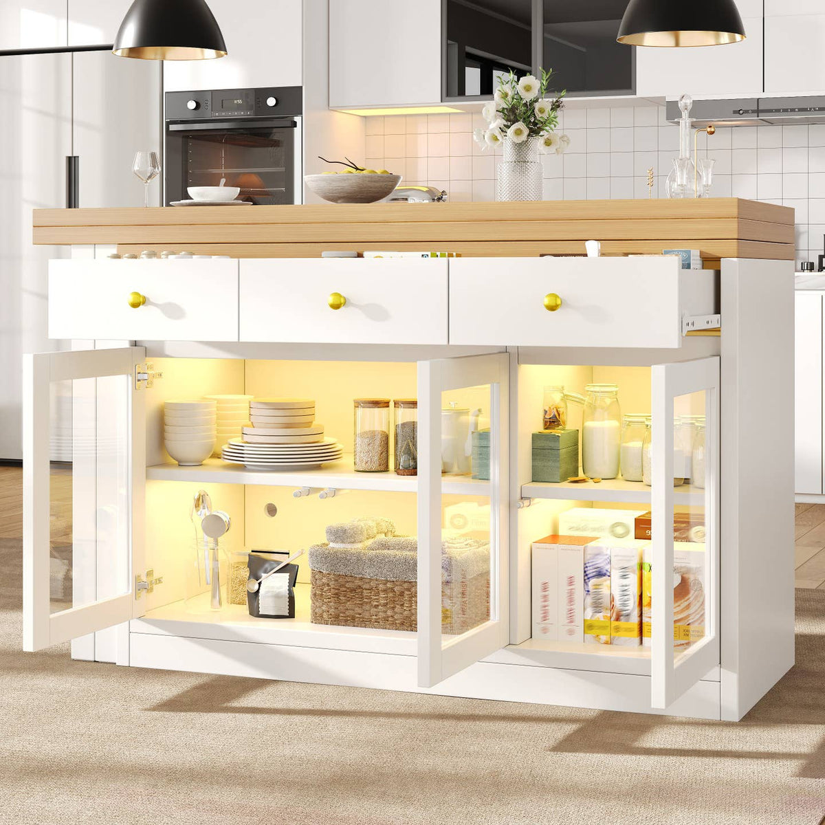 Wholesale Extendable kitchen island with rotatable table, LED lights and storage ARMOIRESTYLE
