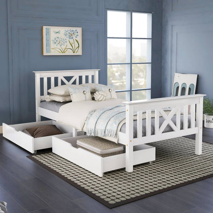 Wholesale White Solid Pine Wood Single Bed Frame with 2 Under Bed Drawers