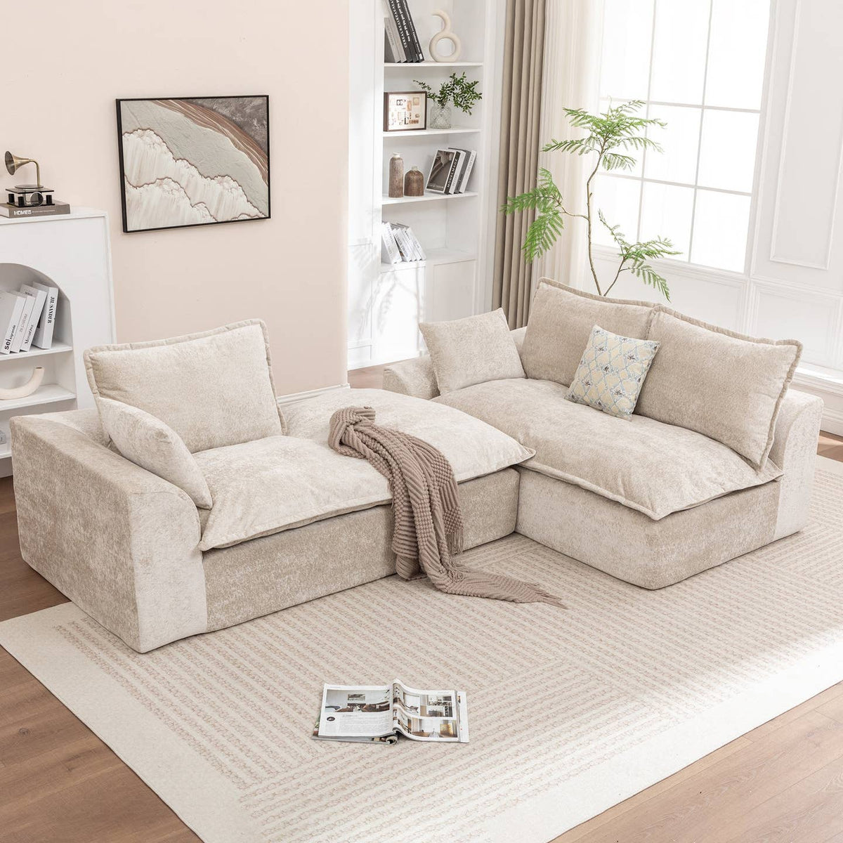 Wholesale Ivory Chenille L‑Shaped Modular Sectional Compressed Sofa