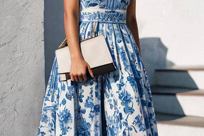 Wholesale A-Line Loose Flower Print Split-Joint Lapel Maxi Dresses