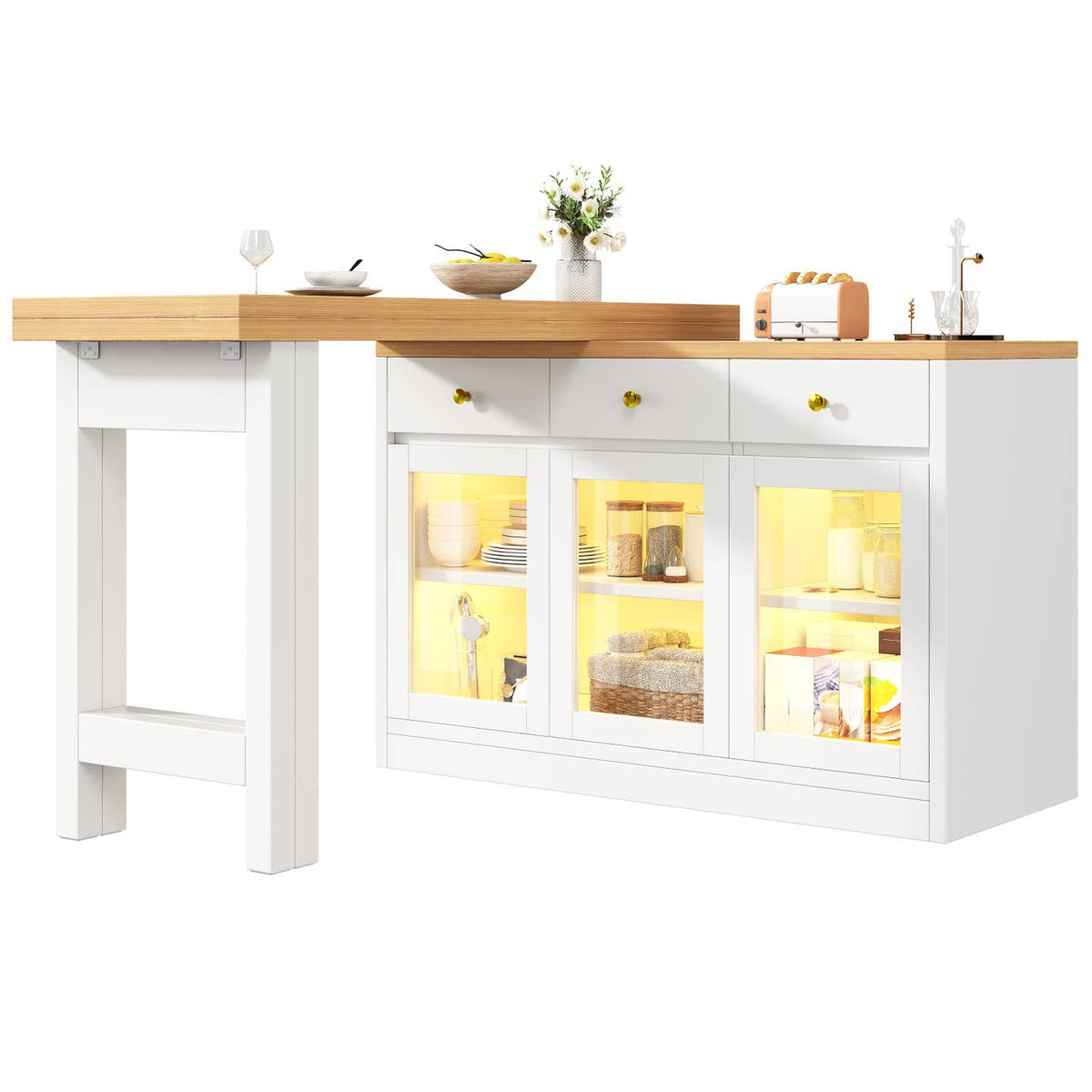Wholesale Extendable kitchen island with rotatable table, LED lights and storage ARMOIRESTYLE