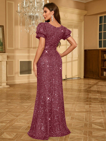 Women's Puff Sleeve Deep V-Neck Sequin Mermaid Maxi Dress