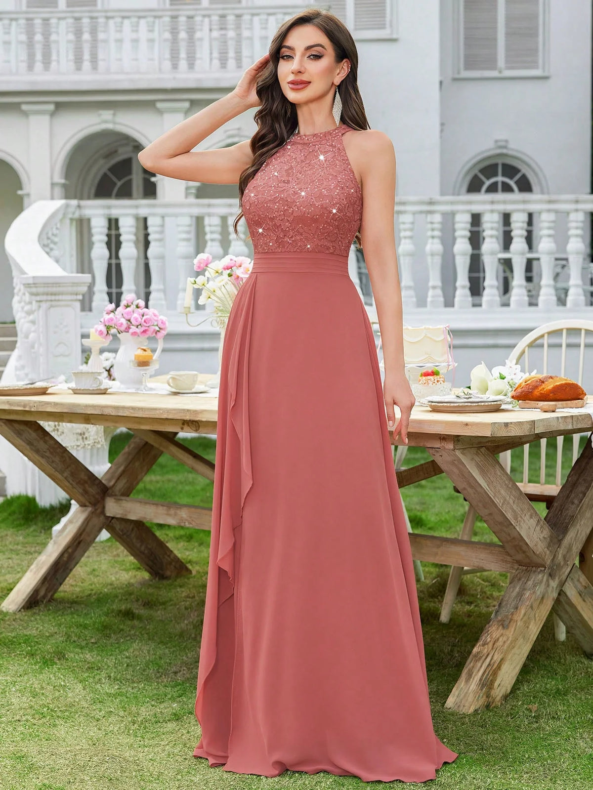 Women's Sequin Floral Lace Halter Neck Evening Gown