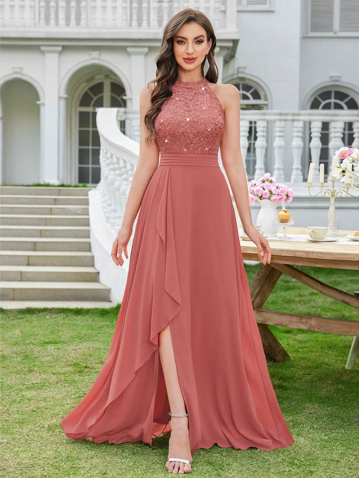 Women's Sequin Floral Lace Halter Neck Evening Gown