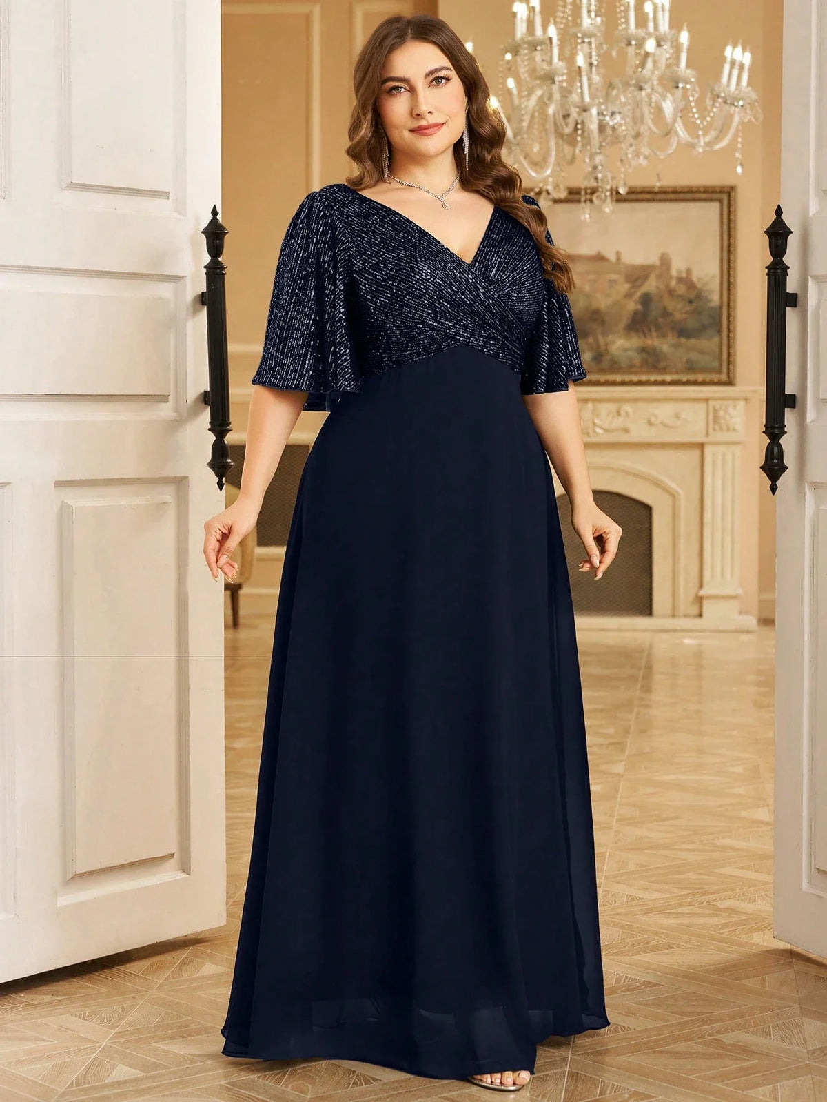 Women's Plus Size Elegant V-Neck Ruched Sequin Splice Maxi Dress