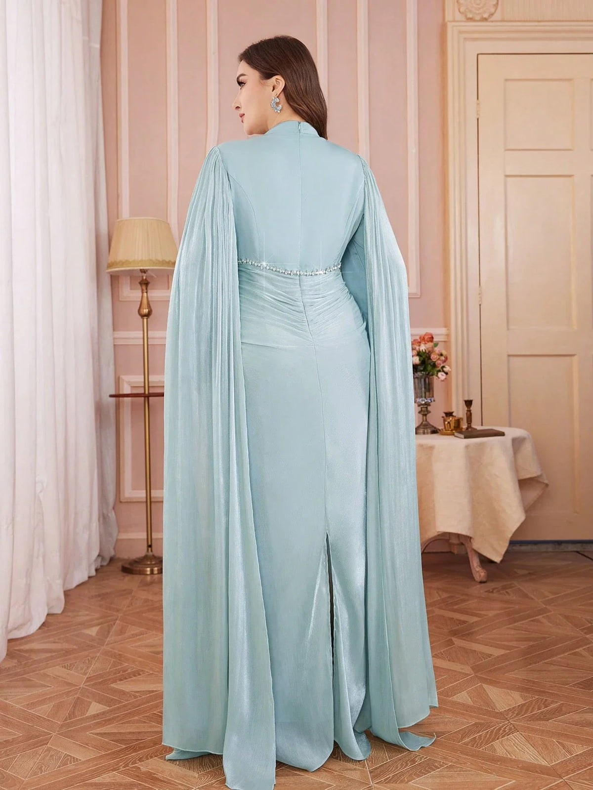 Women's Plus Size Stand Collar Beaded Ruched Maxi Dress