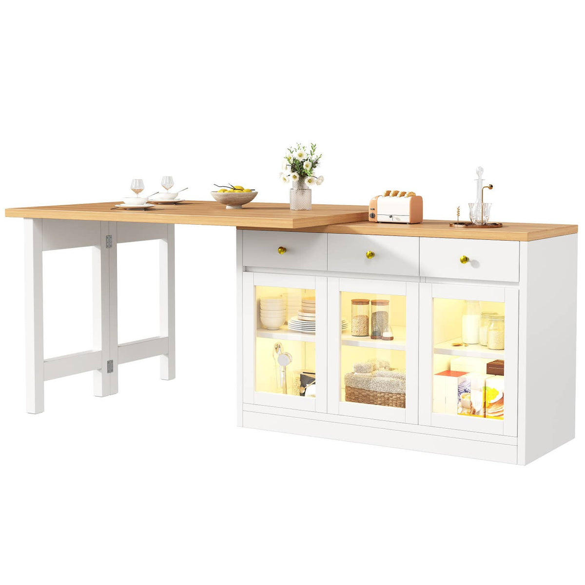 Wholesale Extendable kitchen island with rotatable table, LED lights and storage ARMOIRESTYLE