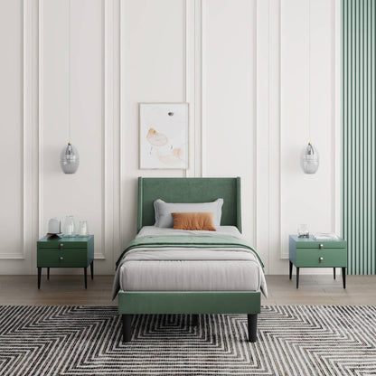 Wholesale Velvet Upholstered Single Bed Frame with Winged Headboard and Wood Slats