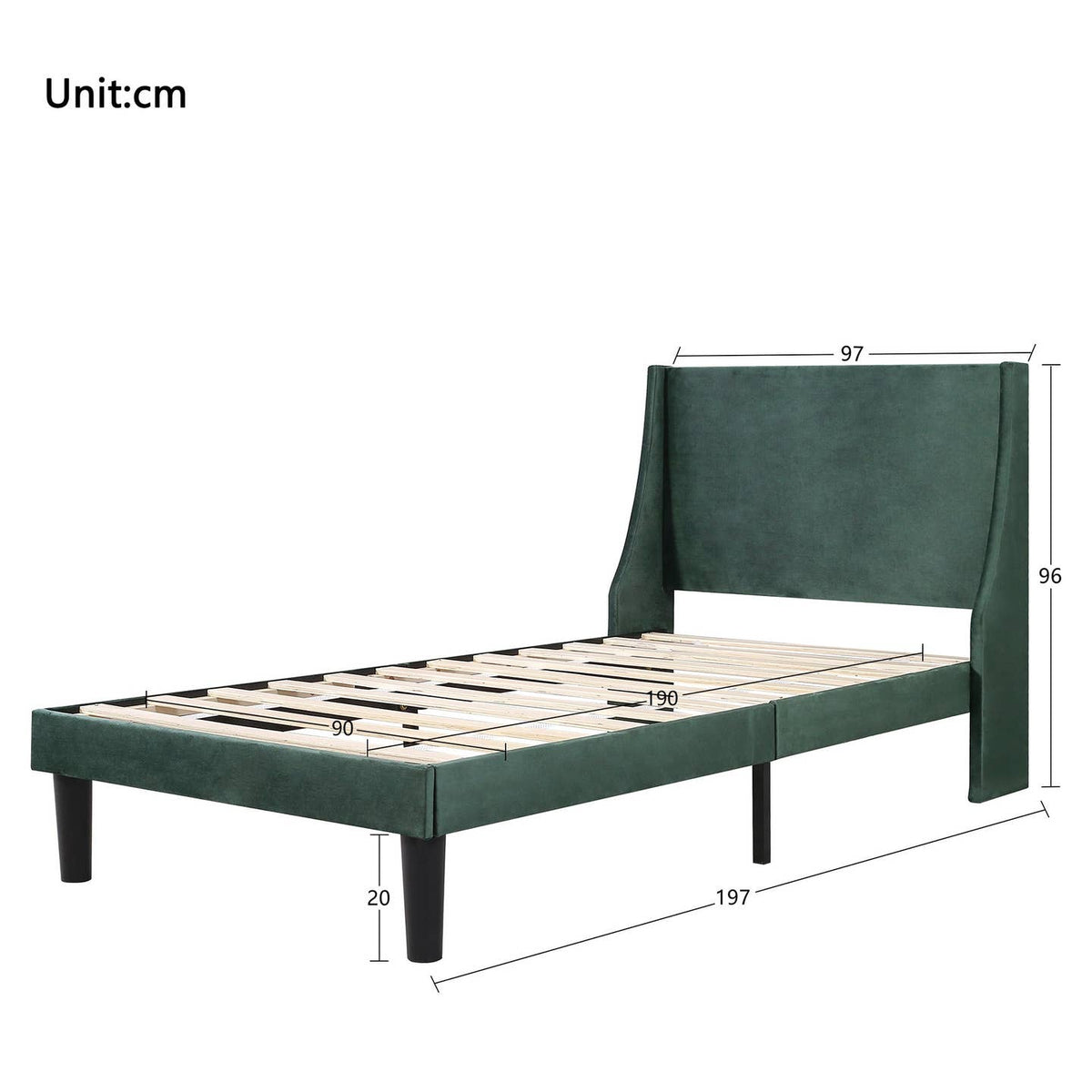 Wholesale Velvet Upholstered Single Bed Frame with Winged Headboard and Wood Slats
