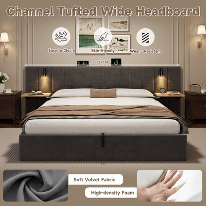 Wholesale Super king grey velvet-upholstered end-opening ottoman bed frame with side tables, lamps and charging station, 180×200 cm LATTICERO