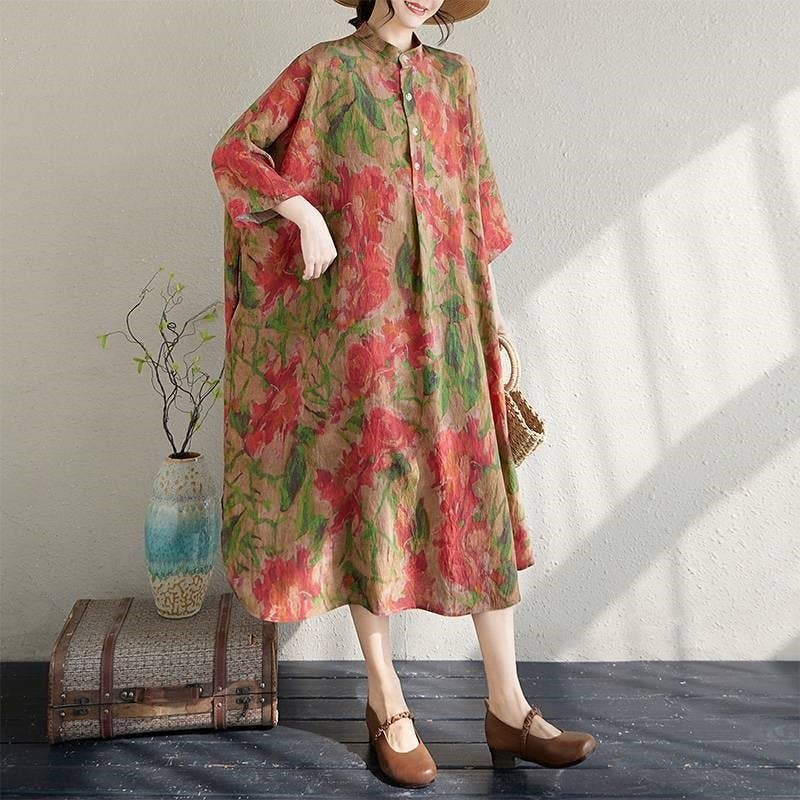 Wholesale Loose Fit Printed Maxi Dress With Stand-Up Collar