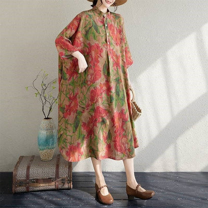 Wholesale Loose Fit Printed Maxi Dress With Stand-Up Collar