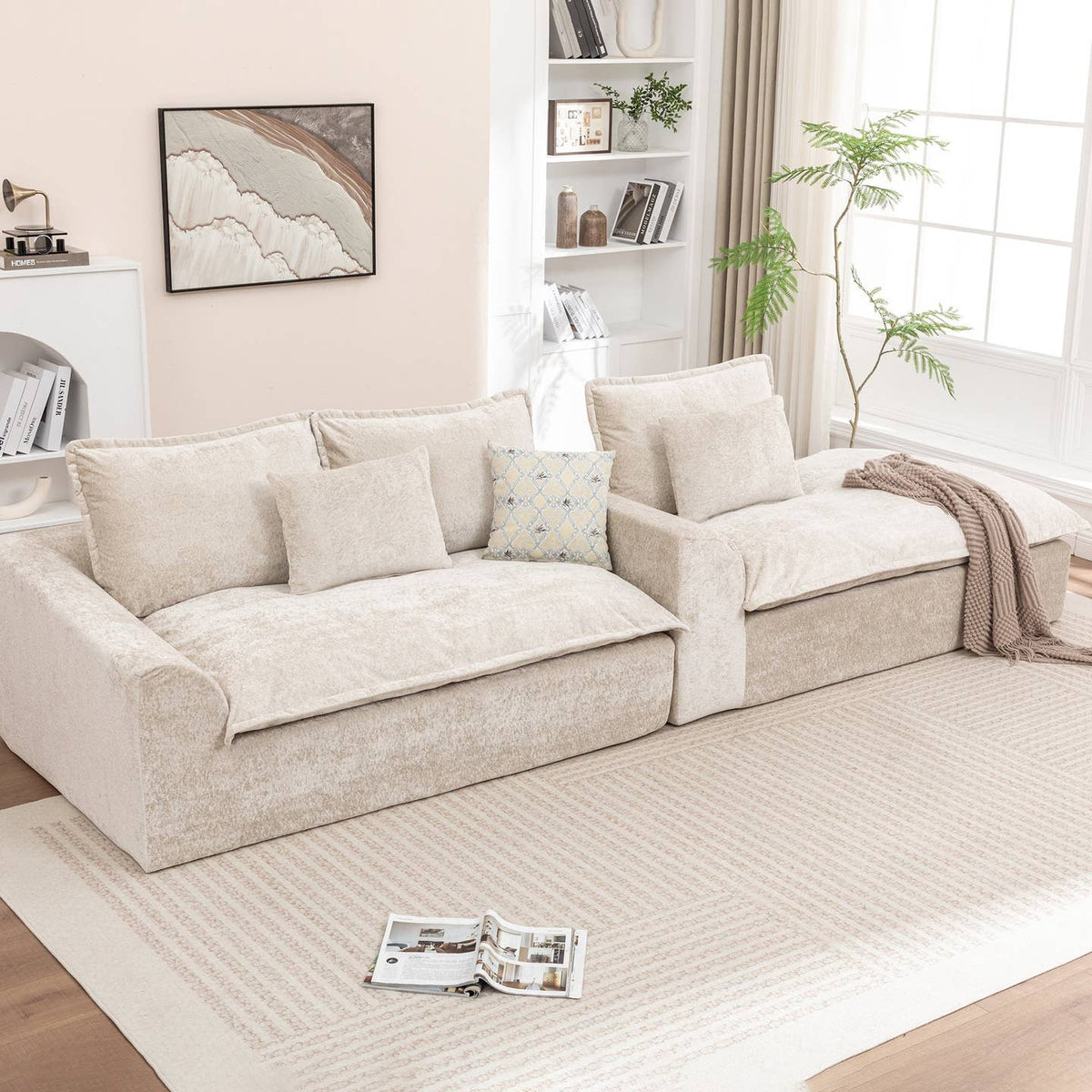 Wholesale Ivory Chenille L‑Shaped Modular Sectional Compressed Sofa