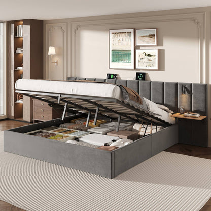 Wholesale Super king grey velvet-upholstered end-opening ottoman bed frame with side tables, lamps and charging station, 180×200 cm LATTICERO