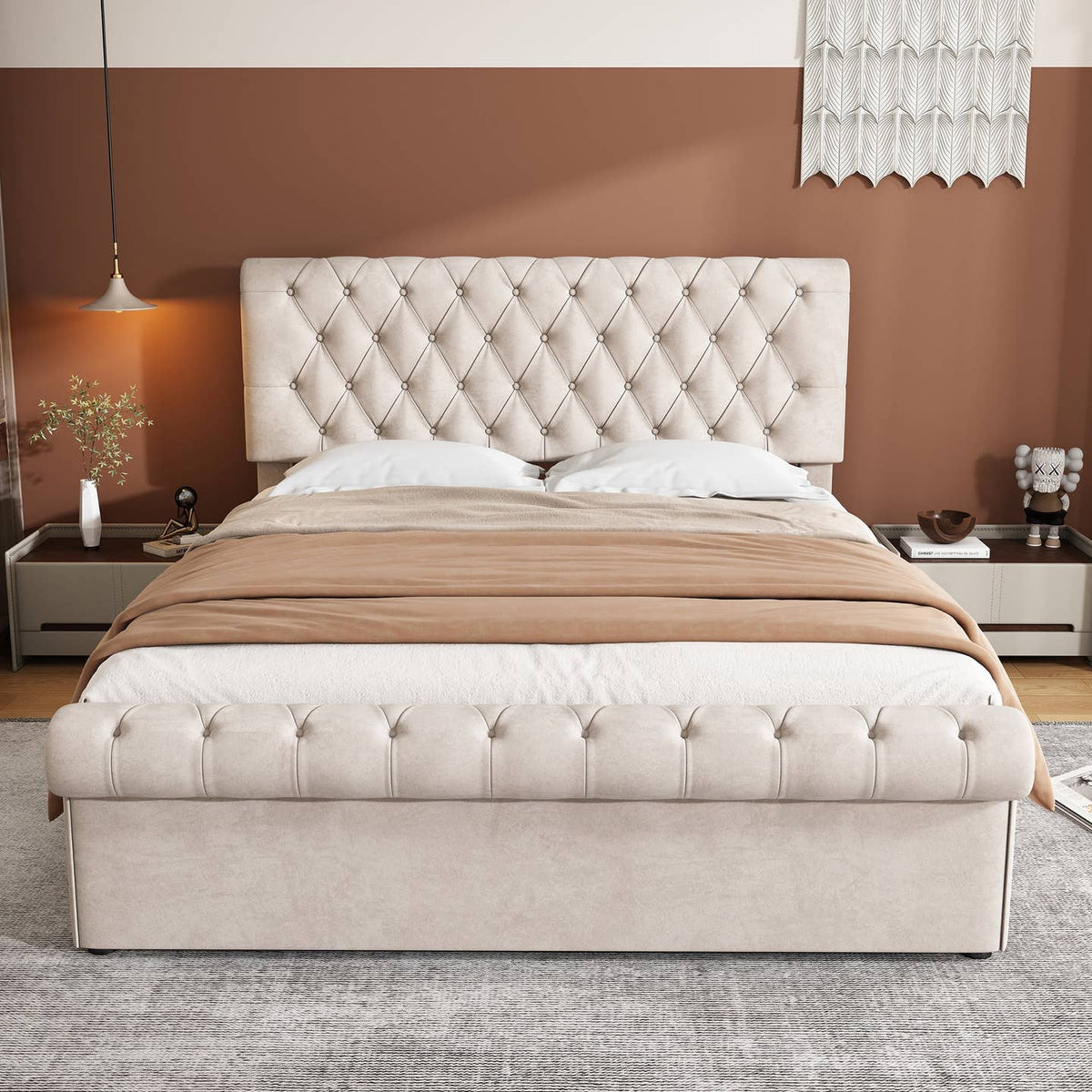 Wholesale Luxury Velvet King Size Bed Frame with Underbed Storage