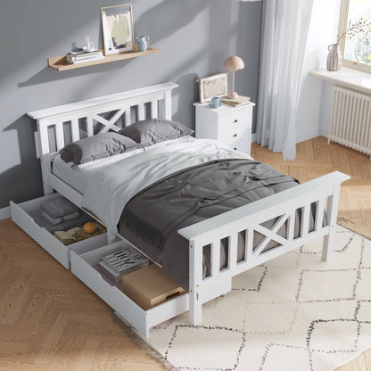 Wholesale White Solid Pine Wood Single Bed Frame with 2 Under Bed Drawers