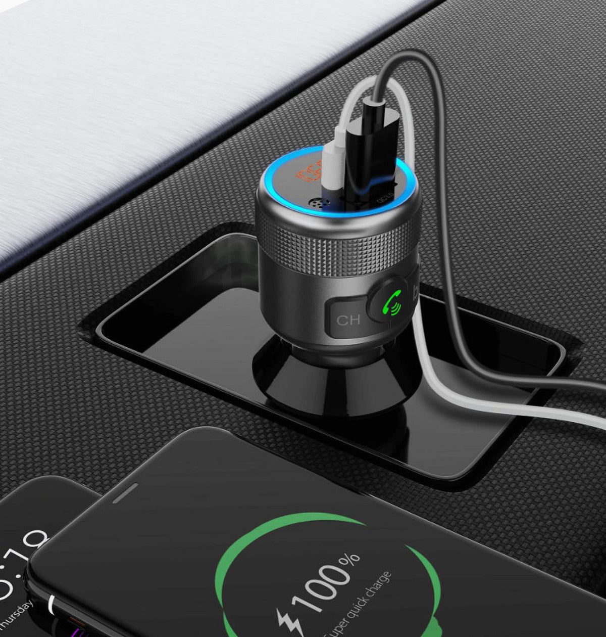 In-Car Charger & FM Transmitter with Voice Assistant
