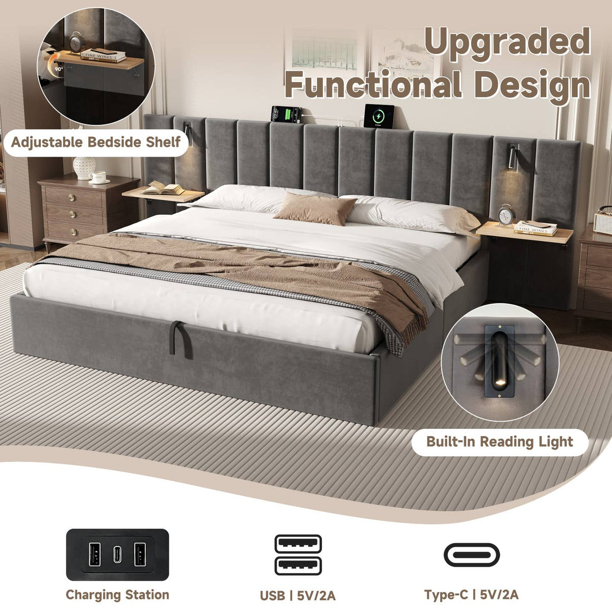 Wholesale Super king grey velvet-upholstered end-opening ottoman bed frame with side tables, lamps and charging station, 180×200 cm LATTICERO