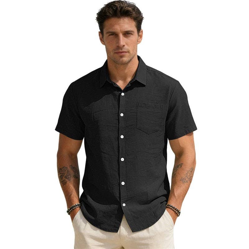 Wholesale Men's Casual Short Sleeve Pocket Open Front Shirt Solid Loose Fit Lapel Collar