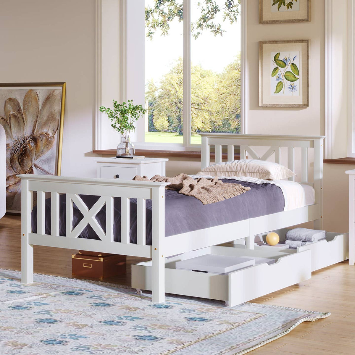Wholesale White Solid Pine Wood Single Bed Frame with 2 Under Bed Drawers
