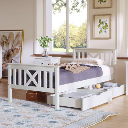 Wholesale White Solid Pine Wood Single Bed Frame with 2 Under Bed Drawers