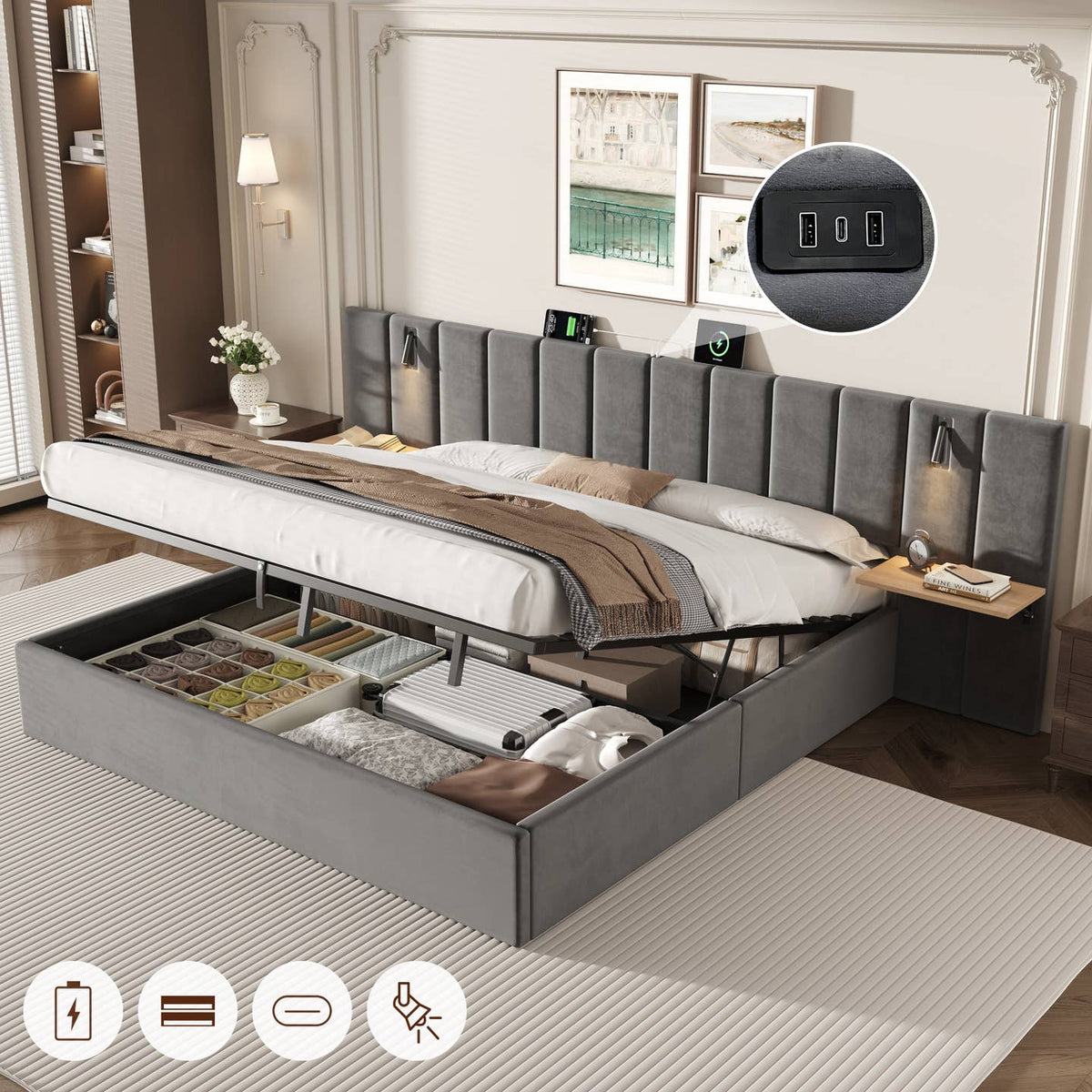 Wholesale Super king grey velvet-upholstered end-opening ottoman bed frame with side tables, lamps and charging station, 180×200 cm LATTICERO