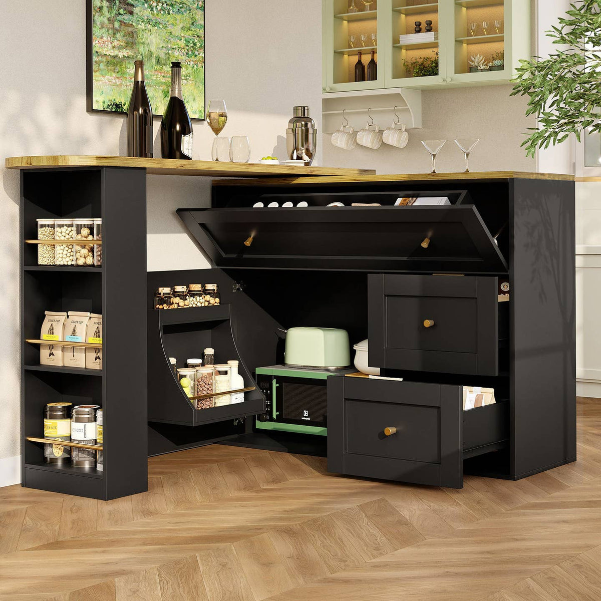 Wholesale Extendable bar table black with storage kitchen cabinet with snack shelf (138-204×39×105cm) MANGROVEPROP