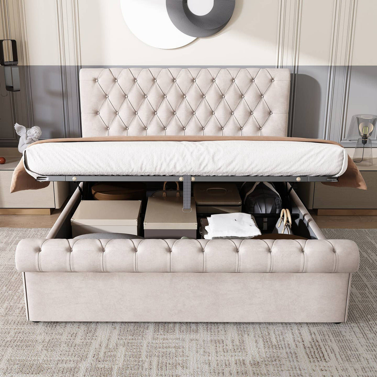 Wholesale Luxury Velvet King Size Bed Frame with Underbed Storage