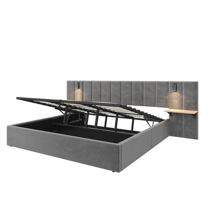 Wholesale Super king grey velvet-upholstered end-opening ottoman bed frame with side tables, lamps and charging station, 180×200 cm LATTICERO