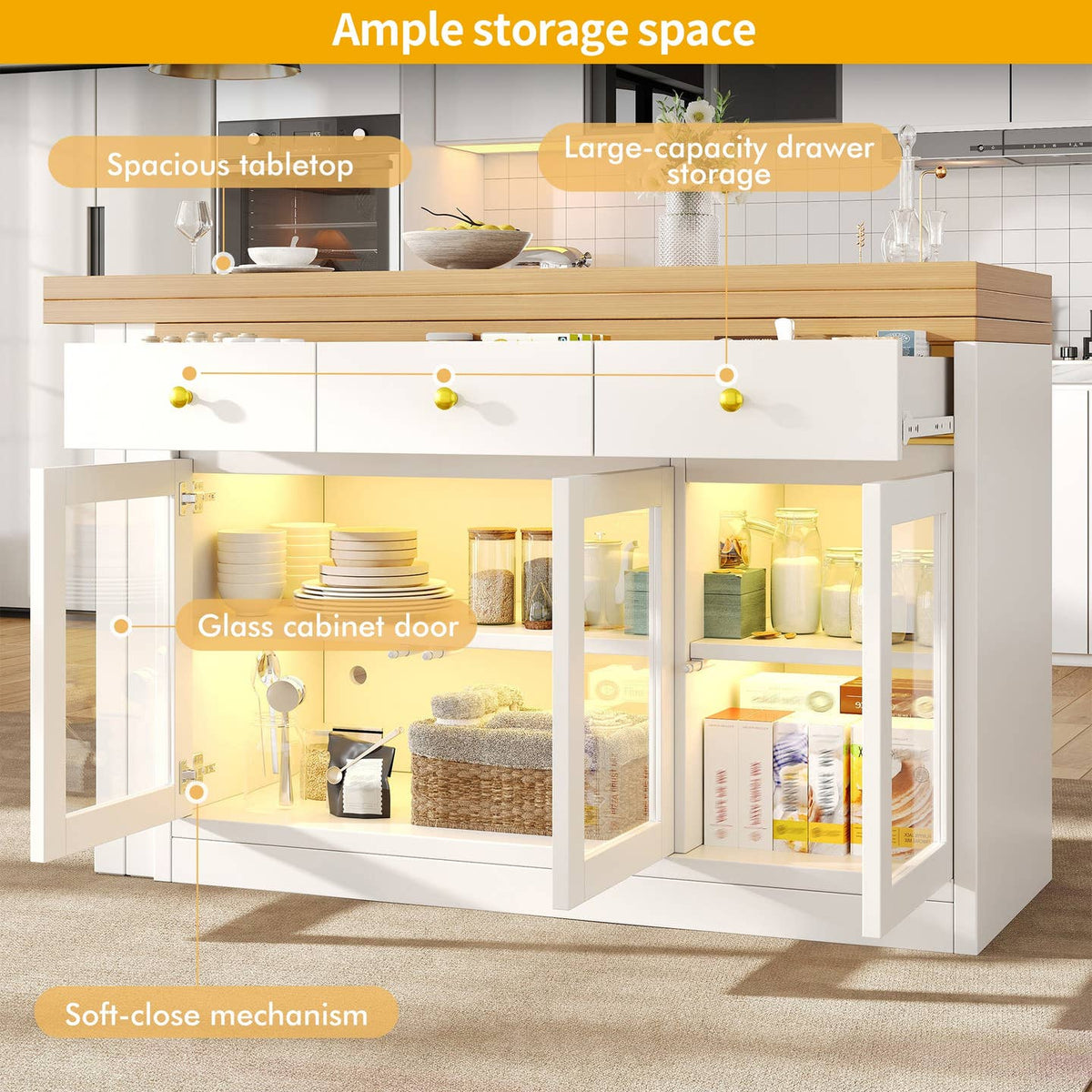 Wholesale Extendable kitchen island with rotatable table, LED lights and storage ARMOIRESTYLE