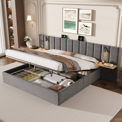 Wholesale Super king grey velvet-upholstered end-opening ottoman bed frame with side tables, lamps and charging station, 180×200 cm LATTICERO