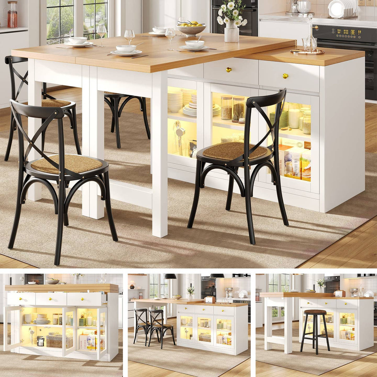 Wholesale Extendable kitchen island with rotatable table, LED lights and storage ARMOIRESTYLE