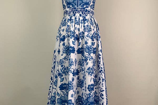Wholesale A-Line Loose Flower Print Split-Joint Lapel Maxi Dresses