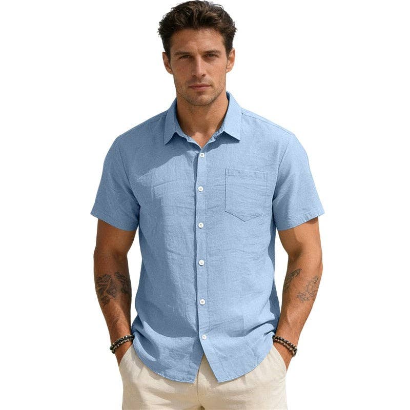 Wholesale Men's Casual Short Sleeve Pocket Open Front Shirt Solid Loose Fit Lapel Collar