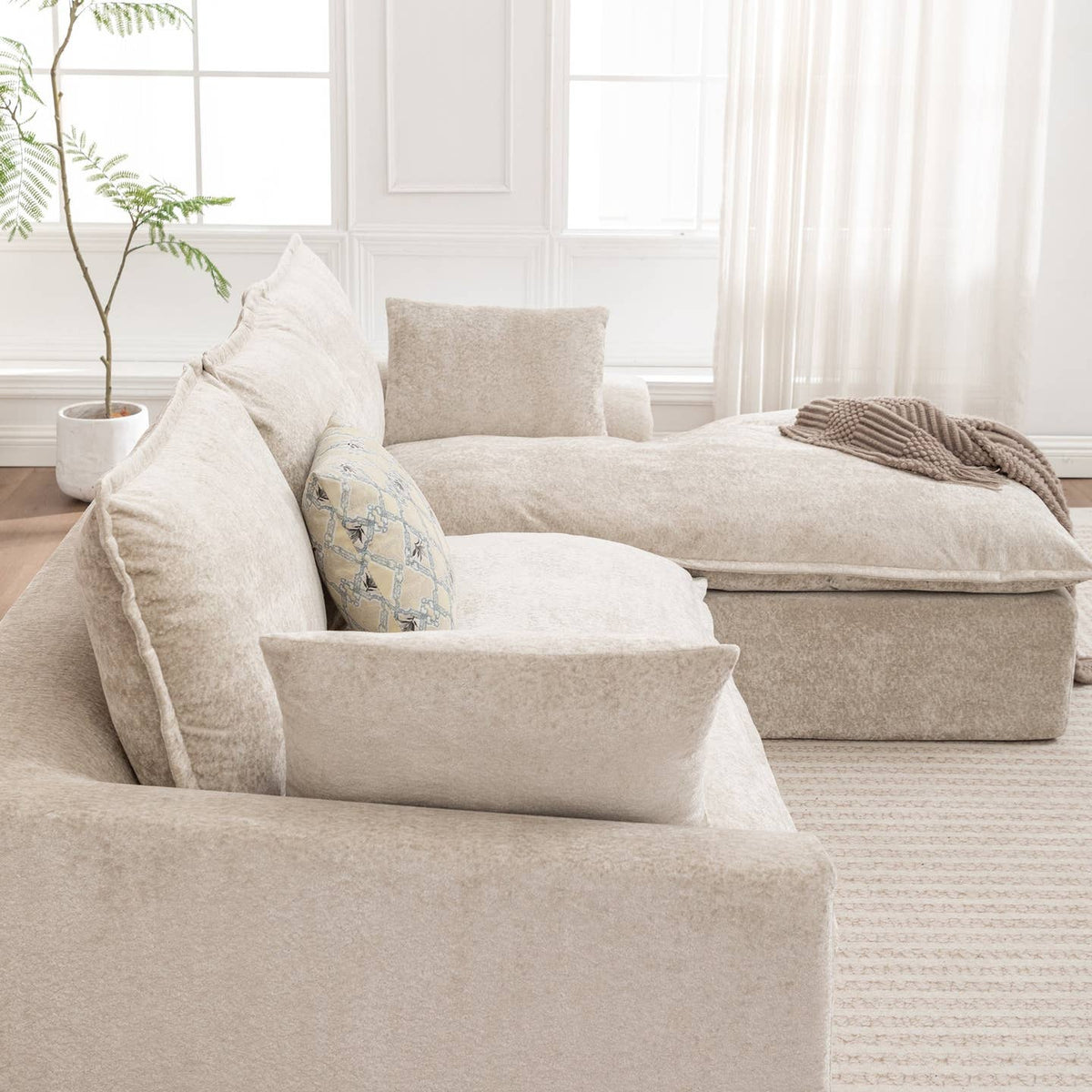 Wholesale Ivory Chenille L‑Shaped Modular Sectional Compressed Sofa