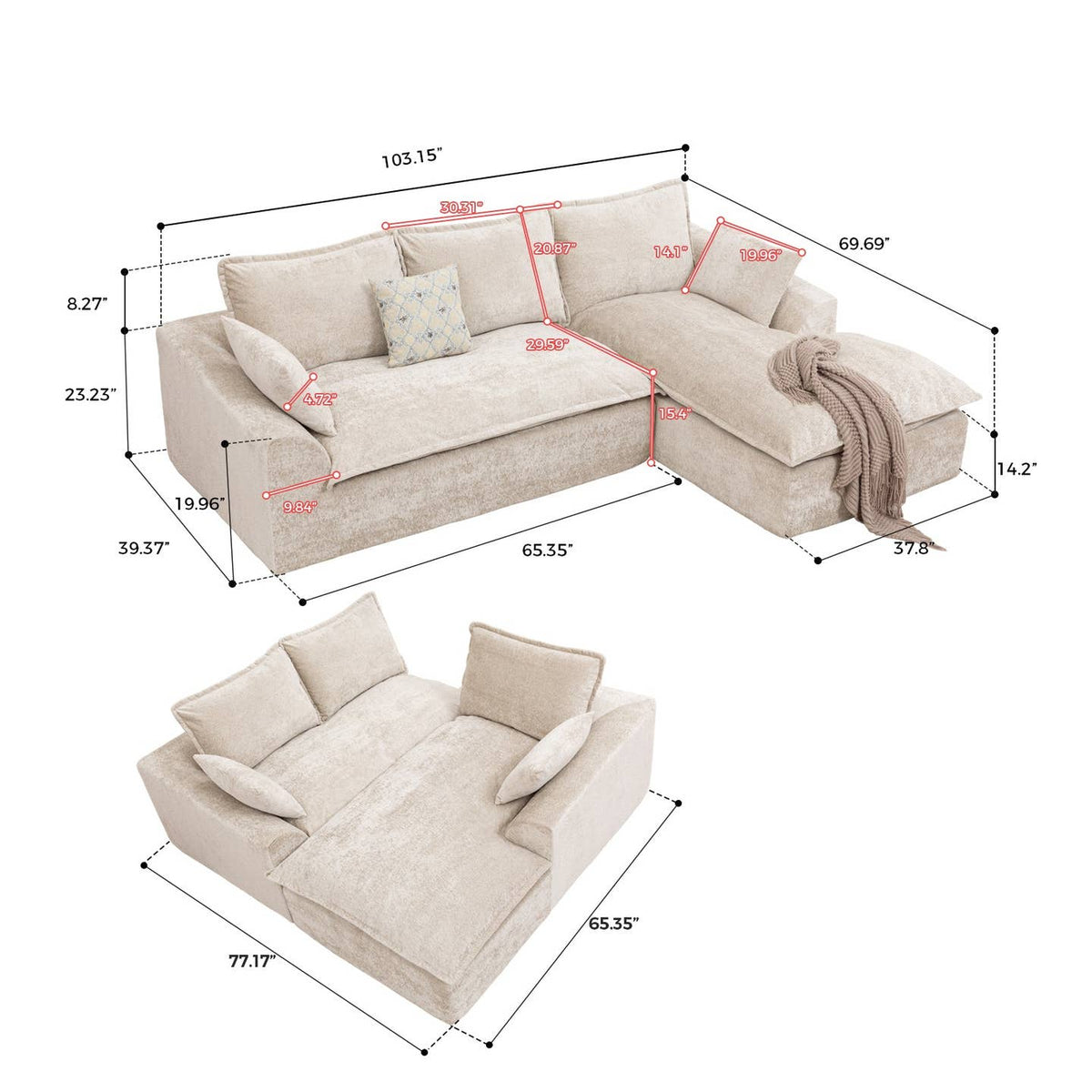Wholesale Ivory Chenille L‑Shaped Modular Sectional Compressed Sofa