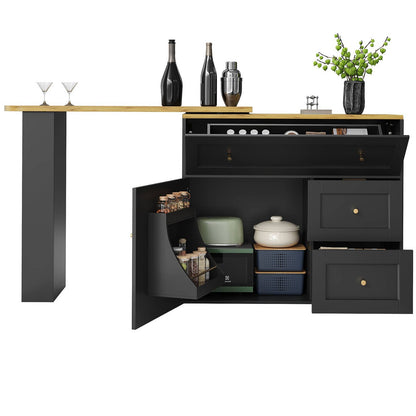 Wholesale Extendable bar table black with storage kitchen cabinet with snack shelf (138-204×39×105cm) MANGROVEPROP