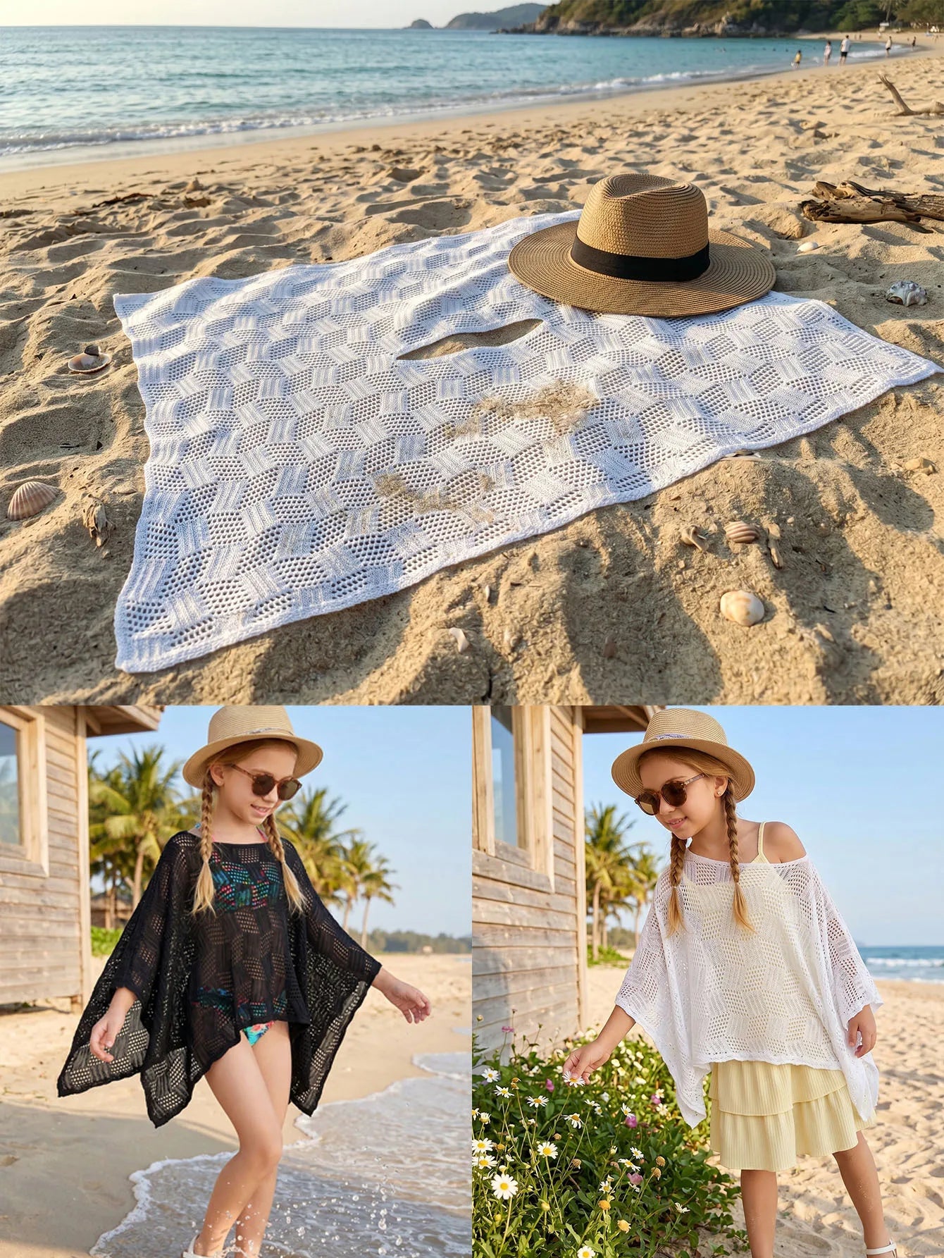 Wholesale Kids Poncho Swimwear Cover up Multi-Way Wear Children Hollow Out Loose Fit Beach Vacation Outdoor Top 6-12 Years