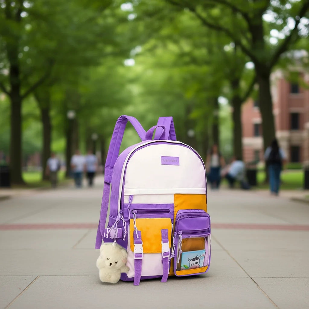 ELEGATE Korean Version Large Capacity Waterproof Backpack Girls Cartoon Printing for Orange Panelled Design Polyester Open