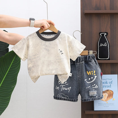 2026 LY New Summer Korean Style Cartoon Woven Loose Casual Short Sleeve 100% Cotton T-Shirt Gold-embossed Logo Young Children