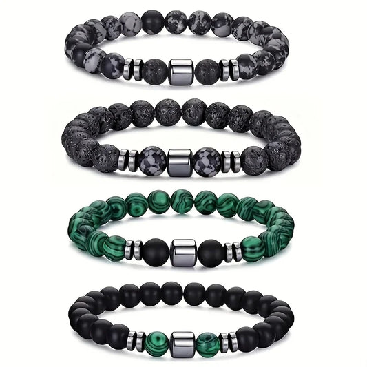 4pcs/set Men'S Beaded Bracelet, Tiger Eye Howlite Hematite Spacer Elastic Bracelets,Daily Wear for Men and Women,Mother'S  Gifts